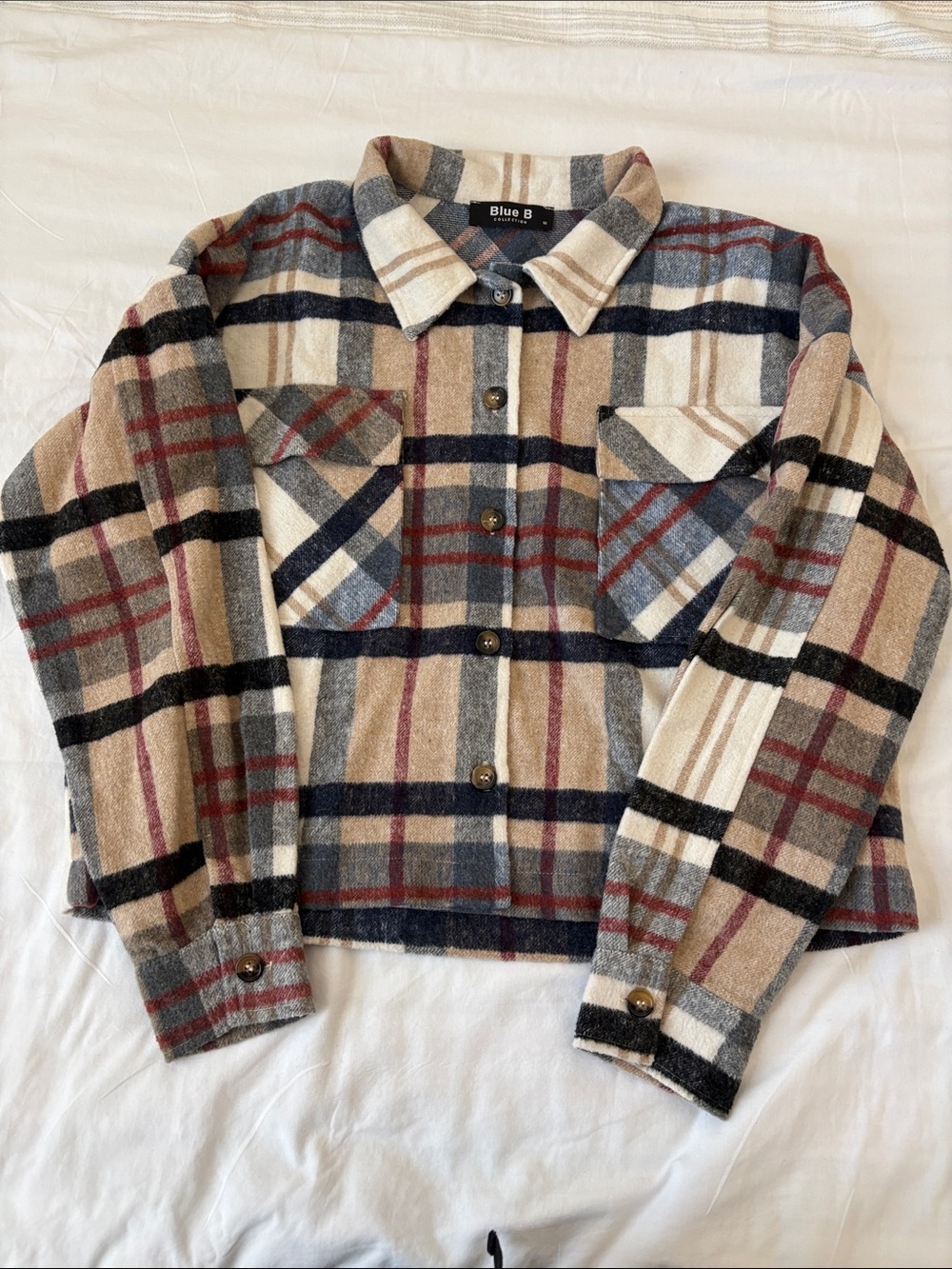 Blue B Beige Multi Plaid Button-Front Jean Jacket